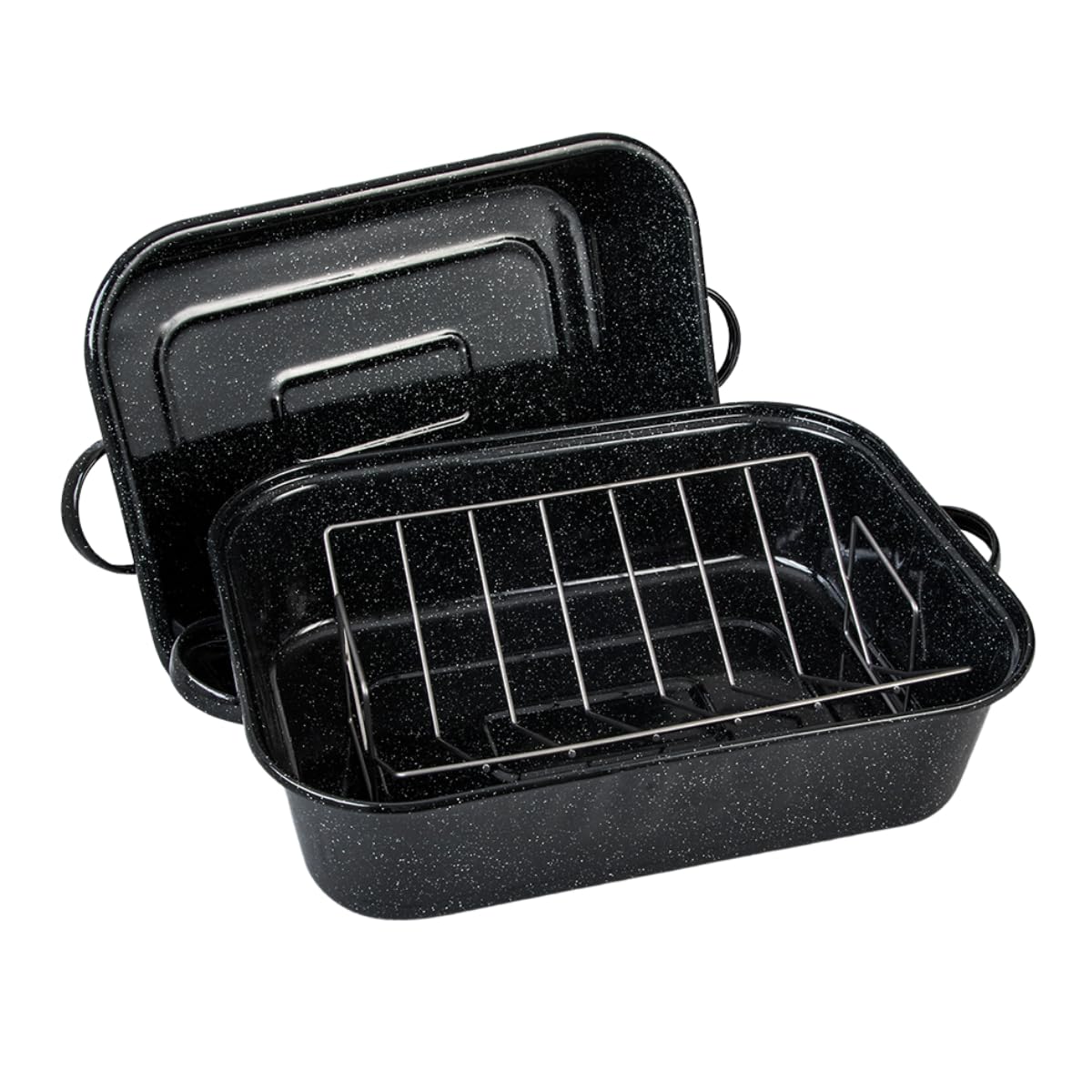 Photo 1 of Granite Ware 21 in Oven Rectangular Roaster with lid and V Rack (Speckled Black) - Accommodates up to 25 lb poultry or roast.