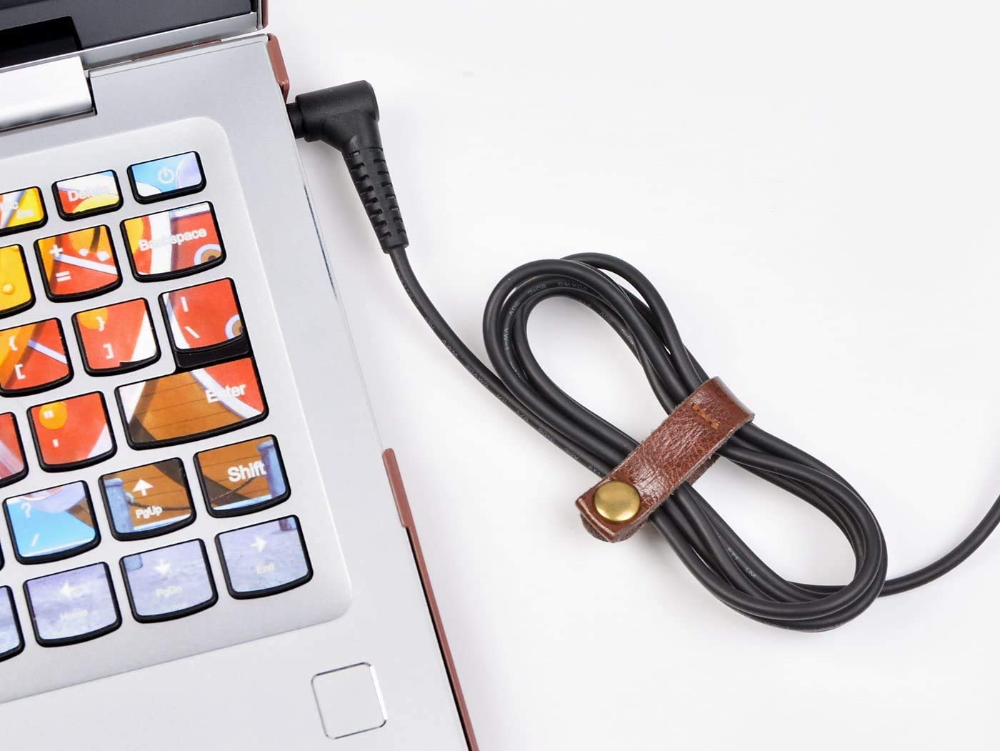 10 Pcs Cord Organizer, Portable Leather Cable Cord Stocking Stuffers for Men USB Straps Earphone Winder with Leather Handmade (Brown/white)