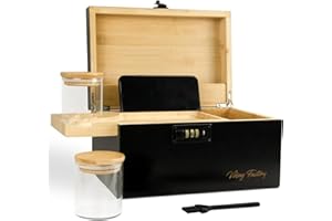 Viking Factory Decorative Organizer Set w/Combination Lock, Bamboo Tray & 2 Glass Jars, Mortise-Tenon Crafted Home Office Desk Storage Box | Elegant Gift Box