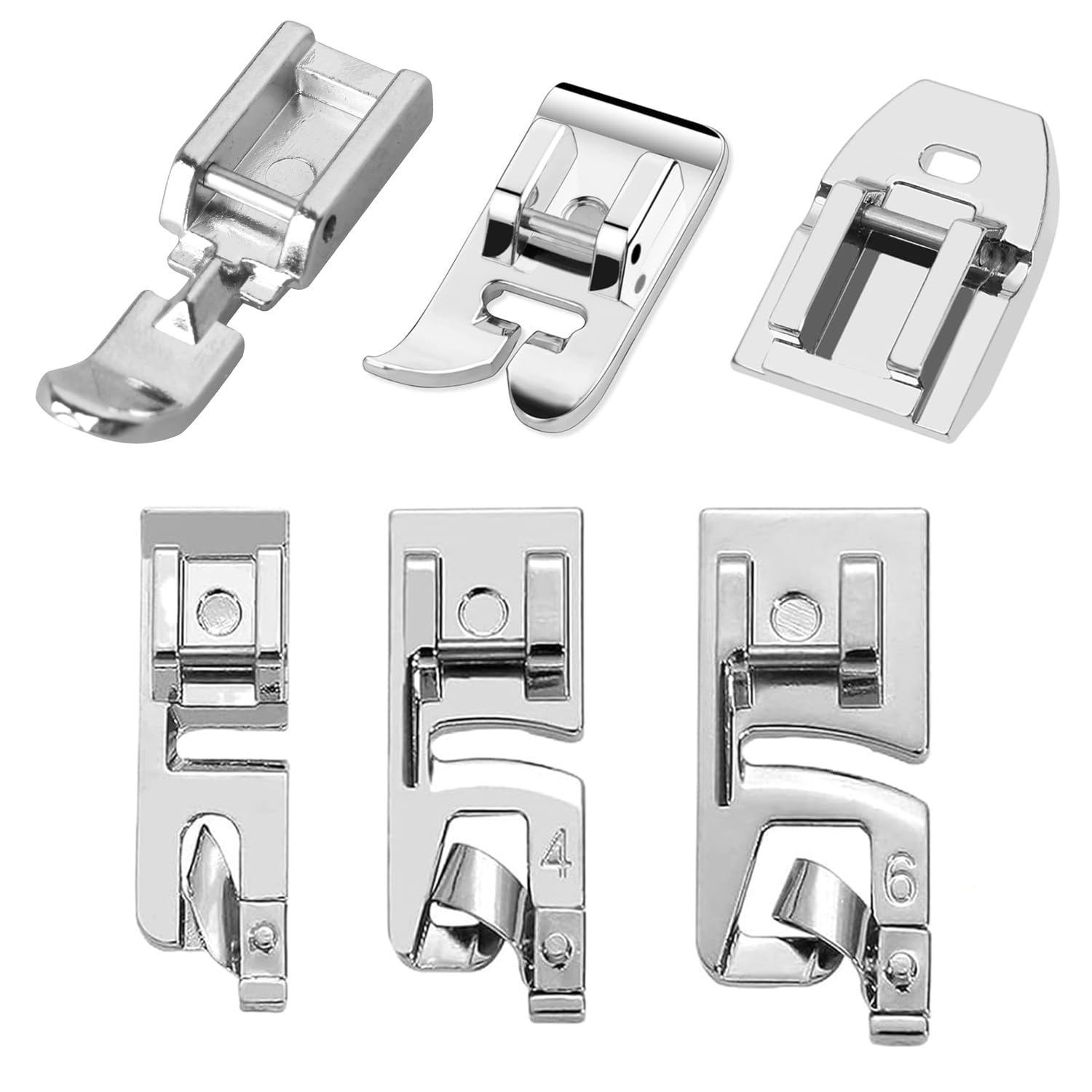 6 PCS Sewing Machine Feet, Universal Clip On Zig Zag Foot, Invisible Zipper Foot, Zipper Sewing Foot, 3 Narrow Rolled Hem Foot(3/4/6mm), Compatible with Typical household electric sewing machine