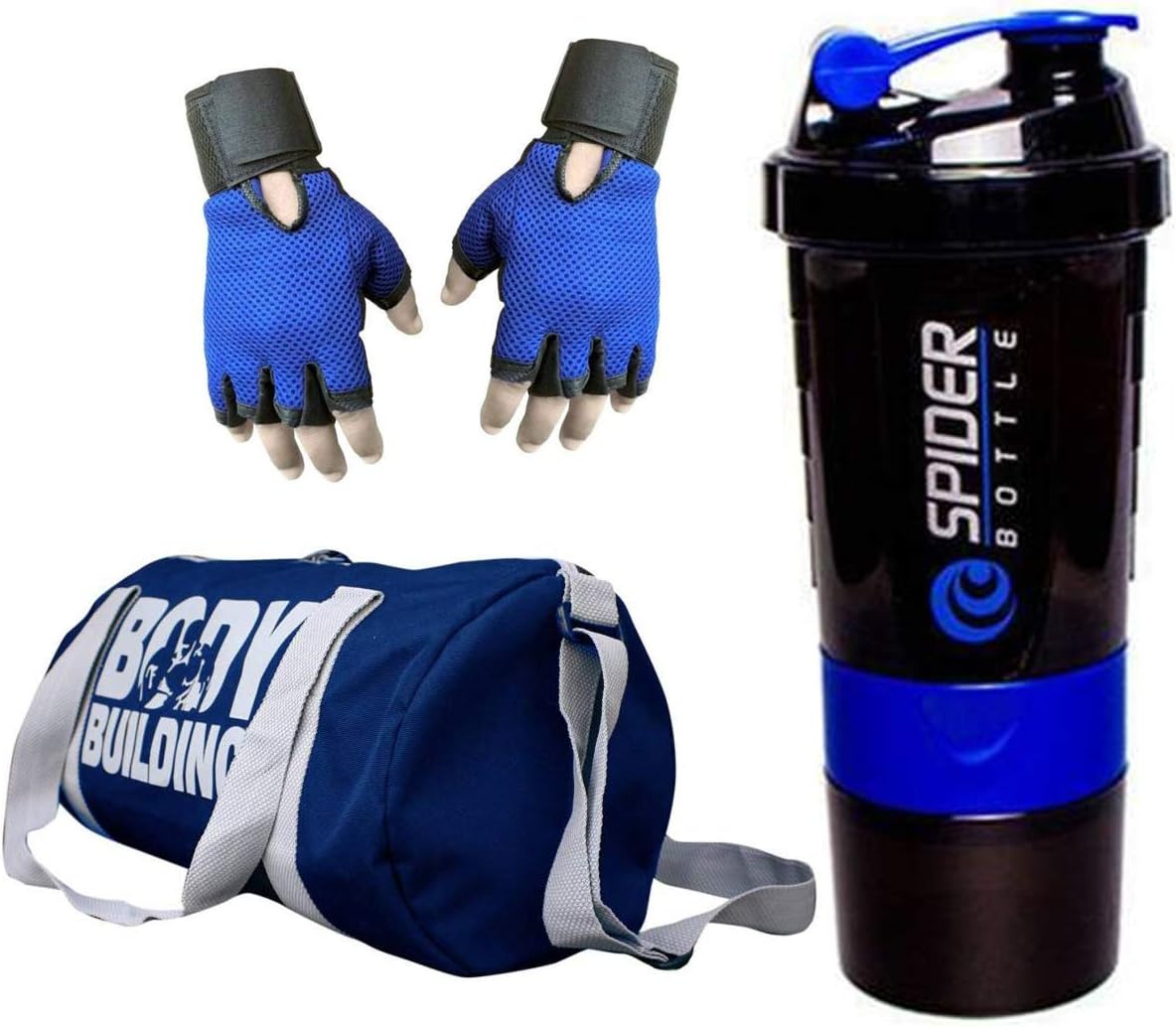 Snipper Combo of Leather Bodybuilding Blue Bag Gloves and Spider Shaker Purple Gym and Fitness Kit