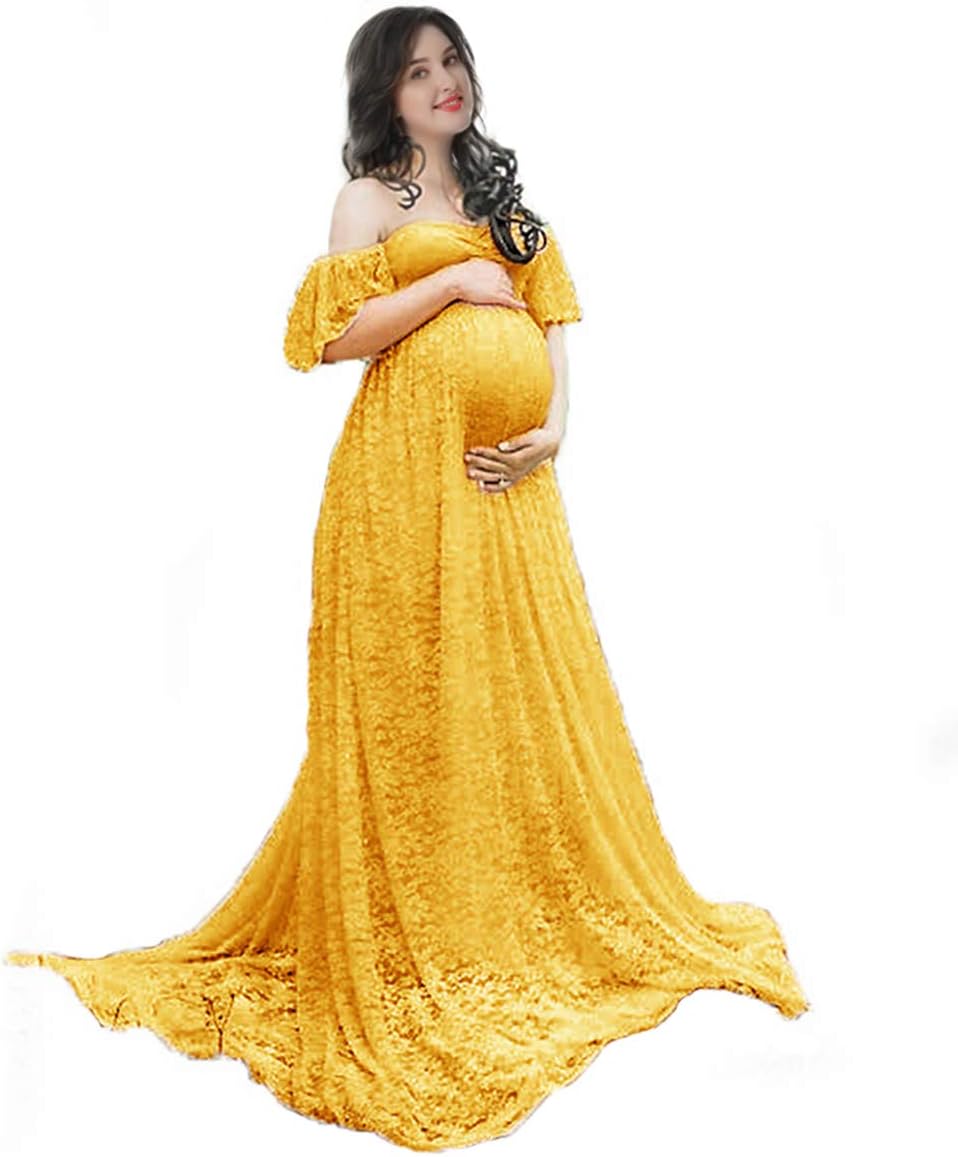 Women's Off Shoulder Ruffle Sleeve Lace Maternity Gown Plus Maxi Photography Dress