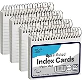 Emraw Spiral Index Cards 3x5 Ruled (4 Pack) - Spiral Bound Index Cards, 50 Page Index Card Book, Bound Flash Cards for Studying, Lined Note Cards for Office, School Supply, College