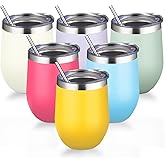 12oz/6 Pack Stainless Steel Wine Tumbler with Lid and Straw, Double Wall Vacuum Insulated Wine Tumbler Glasses, Stemless Travel Mugs for Hot and Cold Drinks, Coffee, Wine, Cocktails（Mix Color-1）