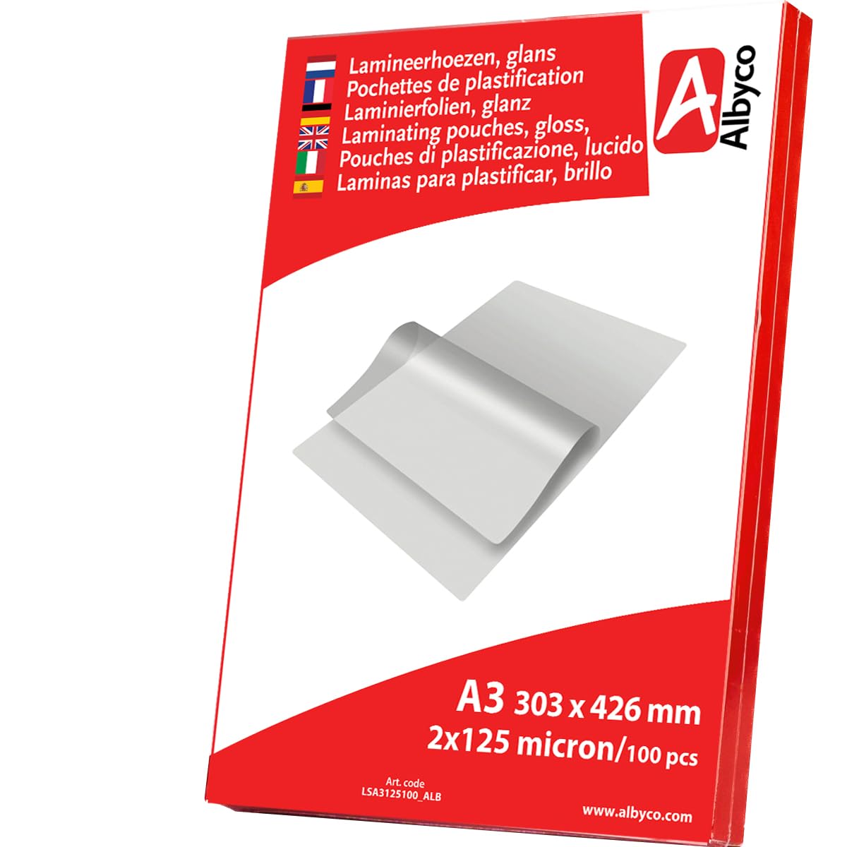 Albyco - A3 Laminating Pouches 250 Micron (2x125) - Pack of 100 - Glossy Films