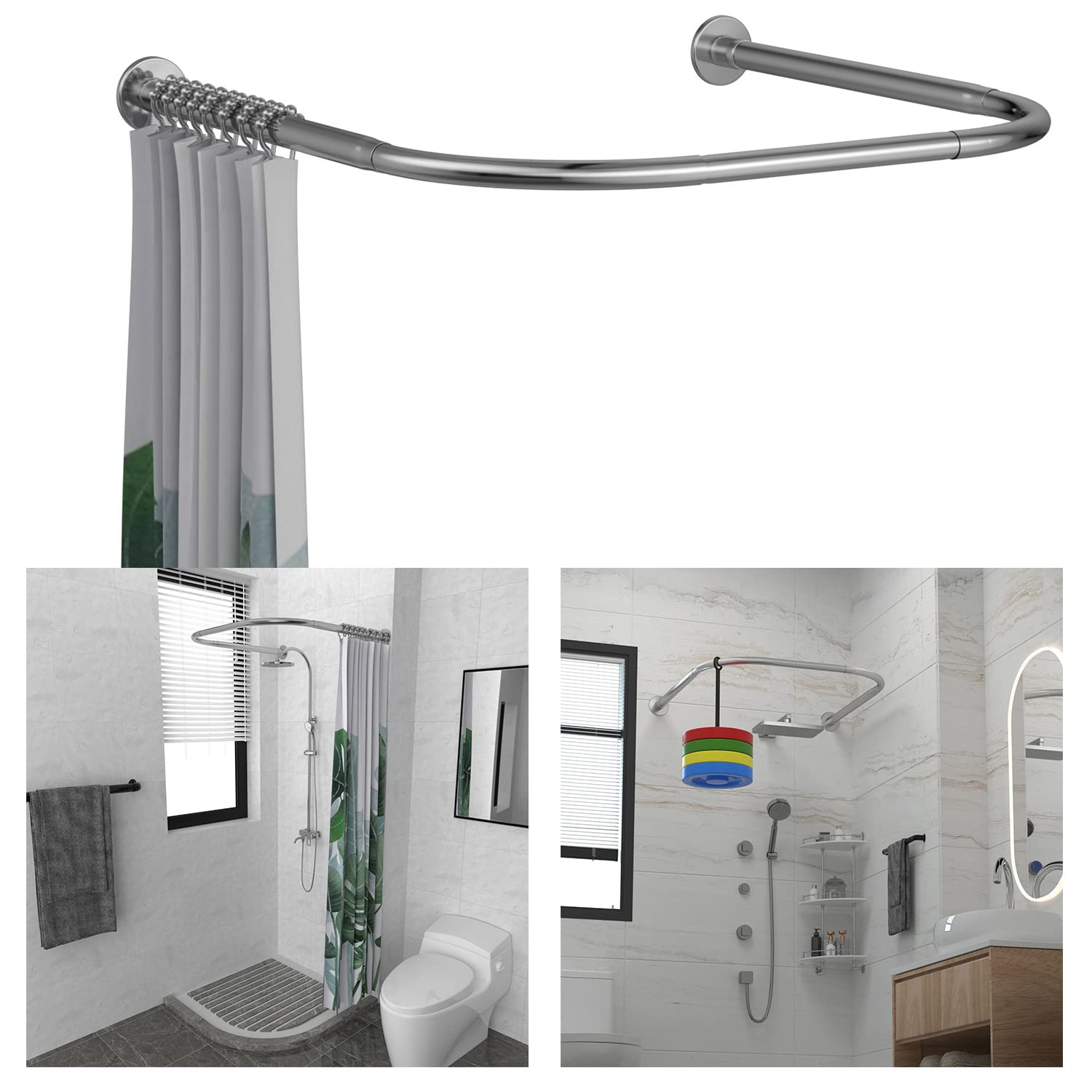 Tanxih U Shower Curtain Rod Adjustable Stainless Steel U Shaped Rack Drill Free Install for Bathroom, Bathtub, Clothing Store (U Shaped, Length on Both Sides: 43-65cm,Middle Width:88-110cm)