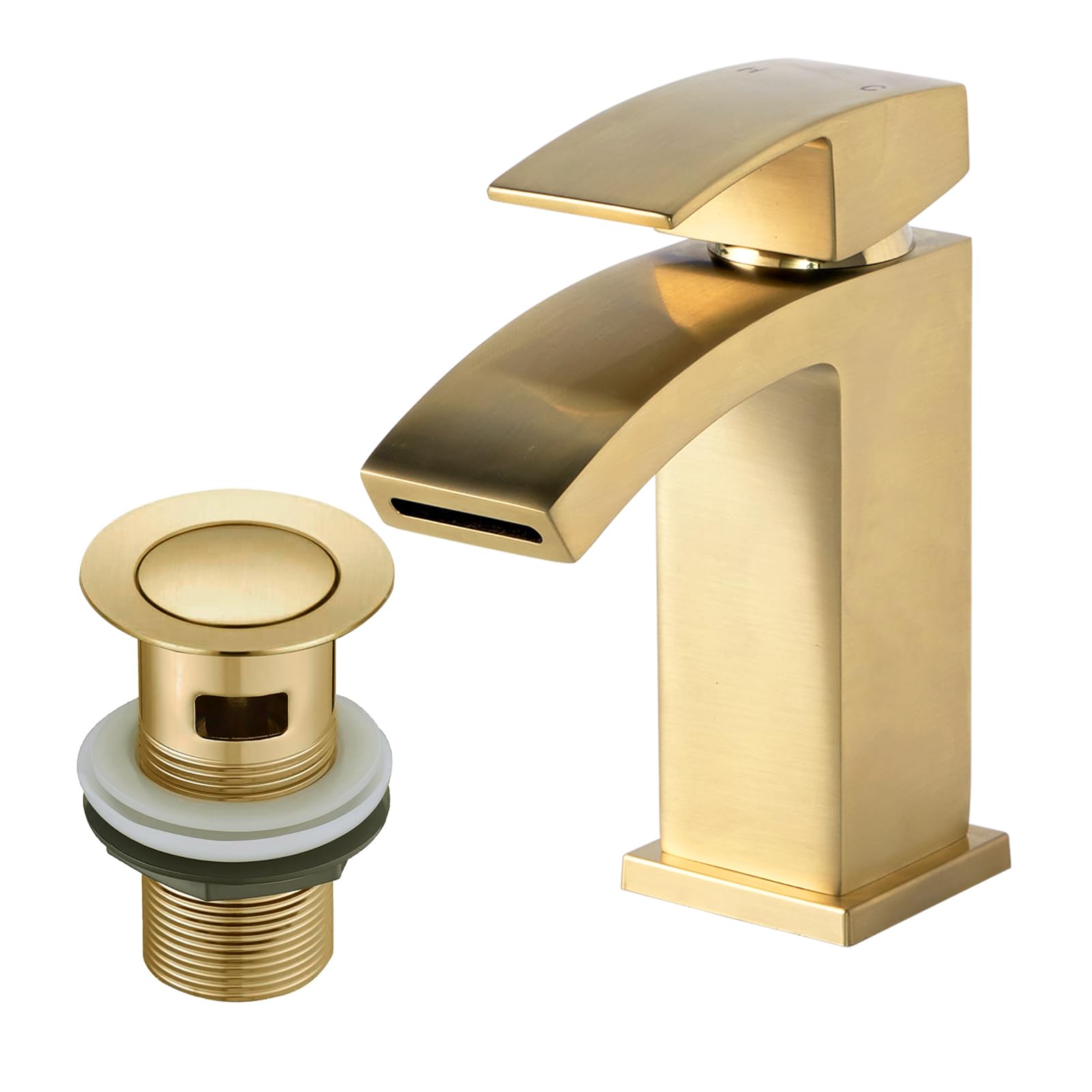 Waterfall Bathroom Sink Taps with Drain, BATHWEST Square Basin Taps with Pop Up Waste, Monobloc Brass Bathroom Taps with Sink Plug 322WP (Gold, Large)
