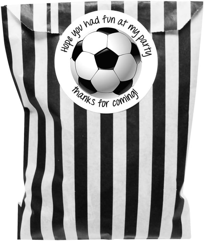 Black & white paper party bags x 24 - With 24 x 60 mm football 'hope you had fun at my party' stickers