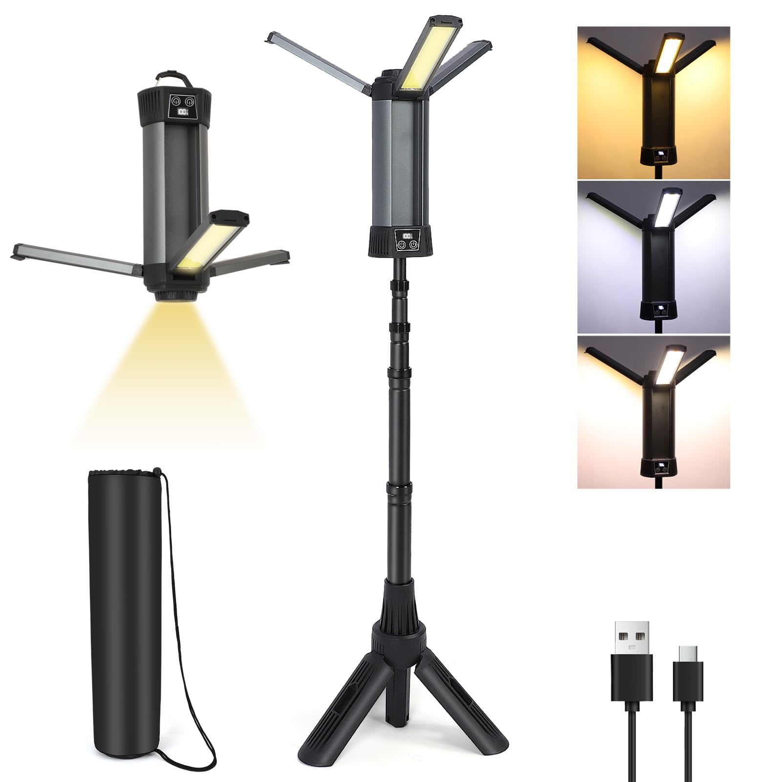 Photo 1 of Rechargeable LED Work Light with Stand, 2000LM 3000/6000K Dimmable Cordless Work Light with 5 Lighting Modes and 3 Brightness, Portable Solar Job Site Lighting Kit