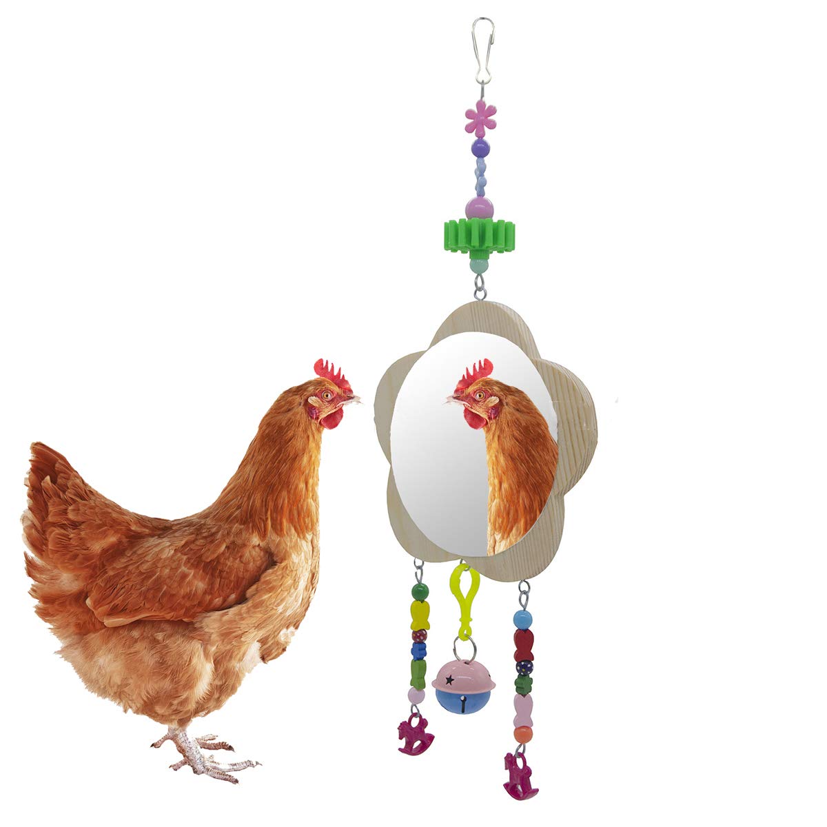 Pesine Hens Hanging Wood Mirror with Bell Roosters Upgraded Large Mirror Hens Roosters Chicken Toy for Hens