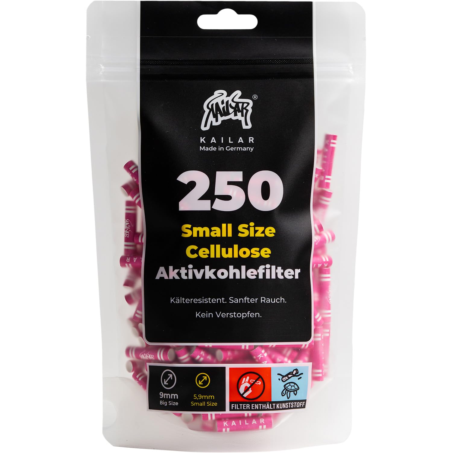 KAiLAR 250 Pink Cellulose Activated Carbon Filters Slim (6 mm) with Vegan Activated Carbon from Coconut Shells | for a Less Toxic and Gentle Smoking Experience