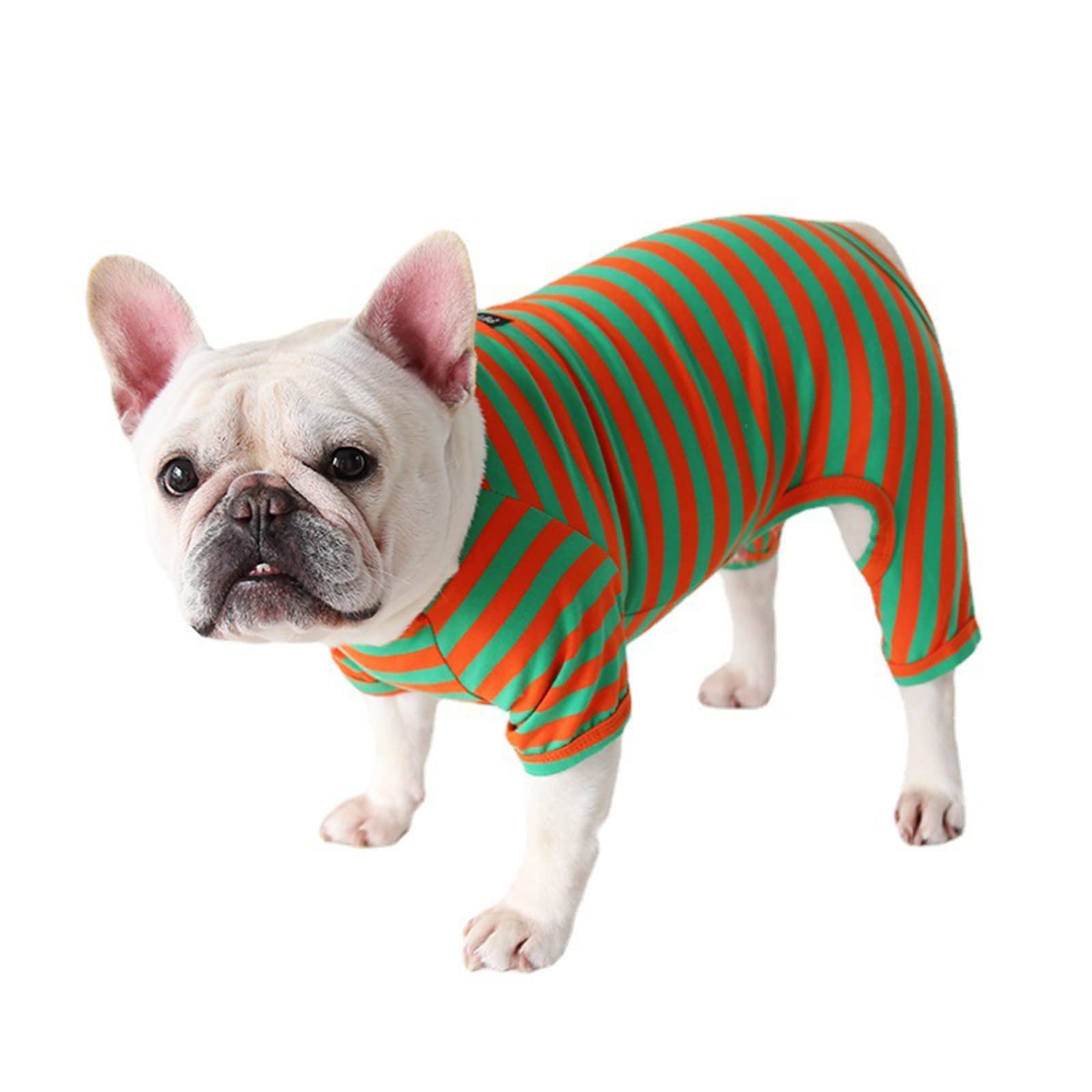 Dog Clothes, Classic Stripe French Bulldog Pajamas Soft Cotton Dog Four-Legged Jumpsuit Anti-Hair Pet Onesies for Small Medium Dogs (S:Green Orange)