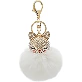 HOYUNLA Faux Rabbit Fur Ball Pom Pom Keychain with Fox Head Studded with pearl Rhinestone for Womens Bag Car Key Decoration