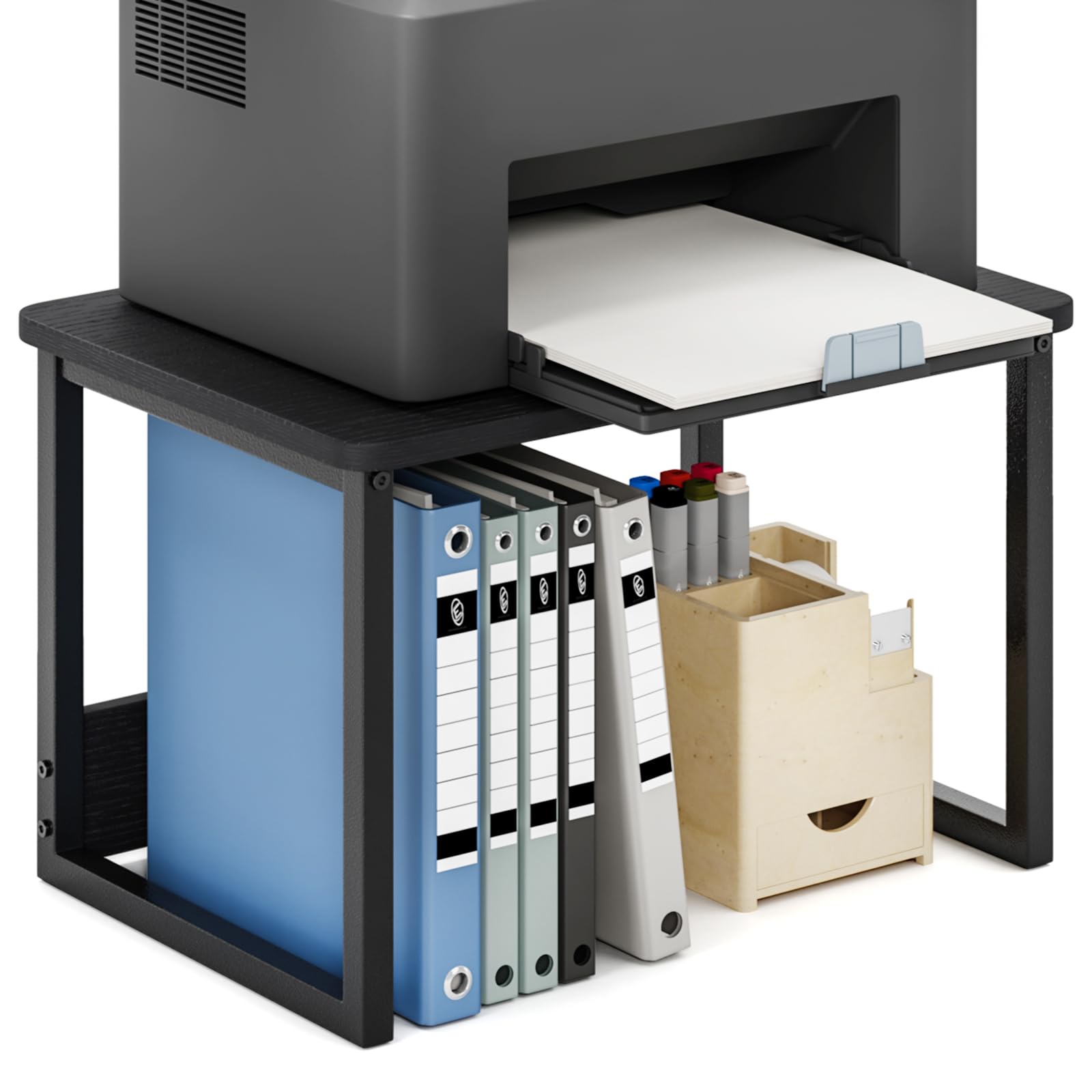 Photo 1 of MARTY Printer Stand with Storage for Desk, Desktop Printer Stand Shelf Organzier for Home/Office Heavy Duty Printer Riser Under Desk Small Printer Table for Fax Machine Copier Scanner(Black)