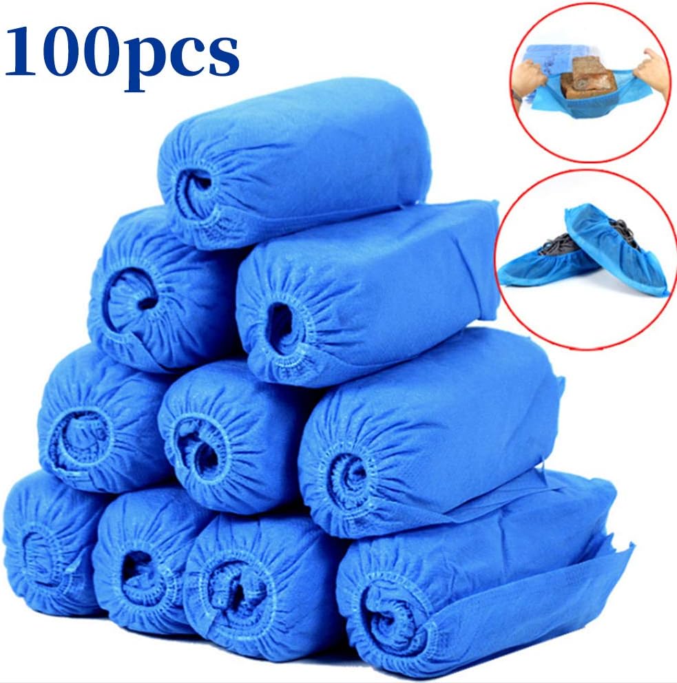 100 Pack (50 Pairs) Premium Disposable Shoe Covers, Durable & Water Resistant, Non-slip, Non-toxic, Recyclable, Blue, Stretchable fits, One Size Fits Most