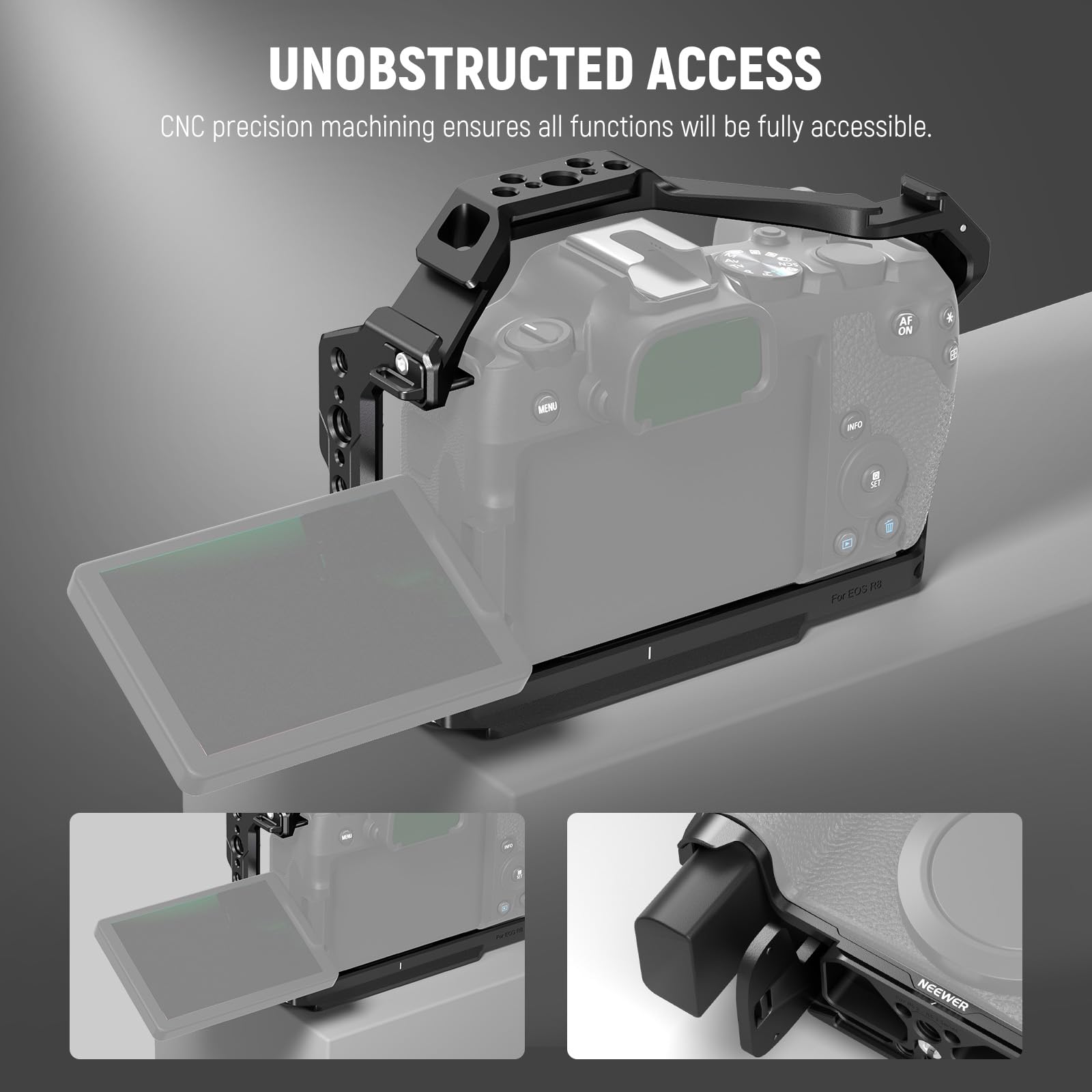 NEEWER EOS R8 Camera Cage, HDMI Cable Clamp, NATO Guide, Quick Release Ark Type Base, Anti-Torsion Screws, Aluminium Protective Video Rig Compatible with Canon R8 DJI RS 2 RSC 2 RS 3 Pro, CA039