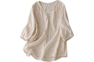 GOHRSHA Womens Linen Embroidered Blouse Plus Size 3/4 Sleeve Button Up Tshirts Lightweight Boho Embroidered Peasant Shirts