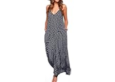 LILBETTER Women V-Neck Polka Dot Print Spaghetti Strap Boho Long Maxi Dresses