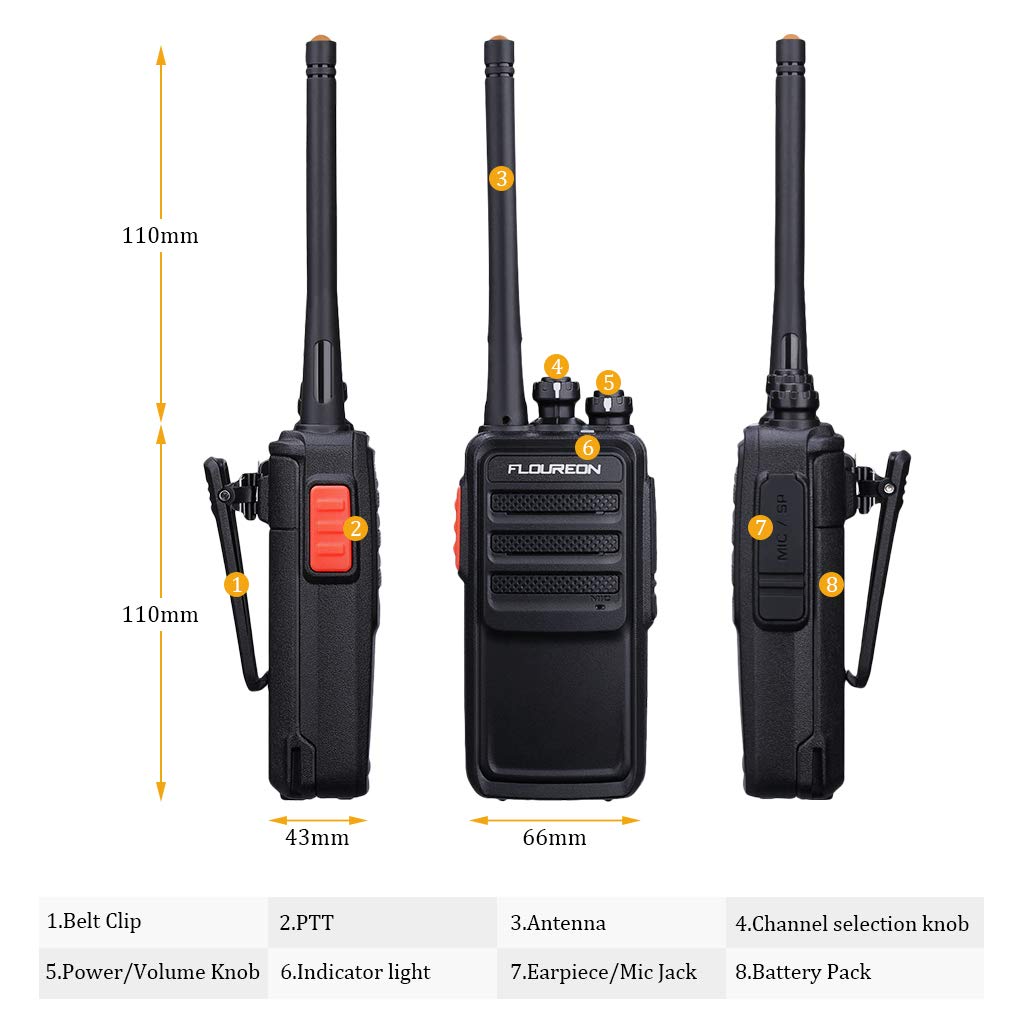 FLOUREON Rechargeable 16 Channel WalkieTalkies PMR 446MHZ License-free Two Way Radio Handheld Transceiver Voice Prompt long Range Interphone Scan TOT with LED Light Earpieces Black 2 Pack