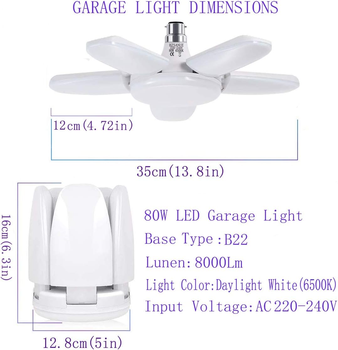HZSANUE B22 Bayonet LED Garage Light 80W, 6500K Daylight White 9000Lm Deformable Workshop Lamp with 5 Adjustable Panels - Image 3