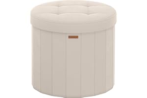 SONGMICS Mazie Collection - Round Storage Ottoman, Folding Footrest Stool with Removable Lid, Easy Assembly, Velvet Vanity Stool for Bedroom, Living Room, Entryway, Cappuccino Beige ULSF608L01