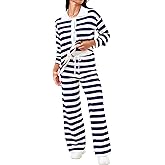 DERAX Women's 2 Piece Outfits Striped Long Sleeve Tops Shirt Lounge Sets Wide Leg Pants 2026 Spring Matching Set