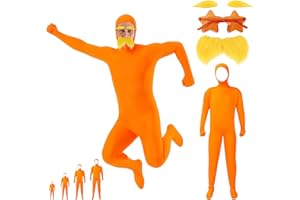 Orange Bodysuit Lorax Costume Unisex, Slenderman Costume with Beard,Eyebrows and Star Glasses, Open Face Cosplay Jumpsuit