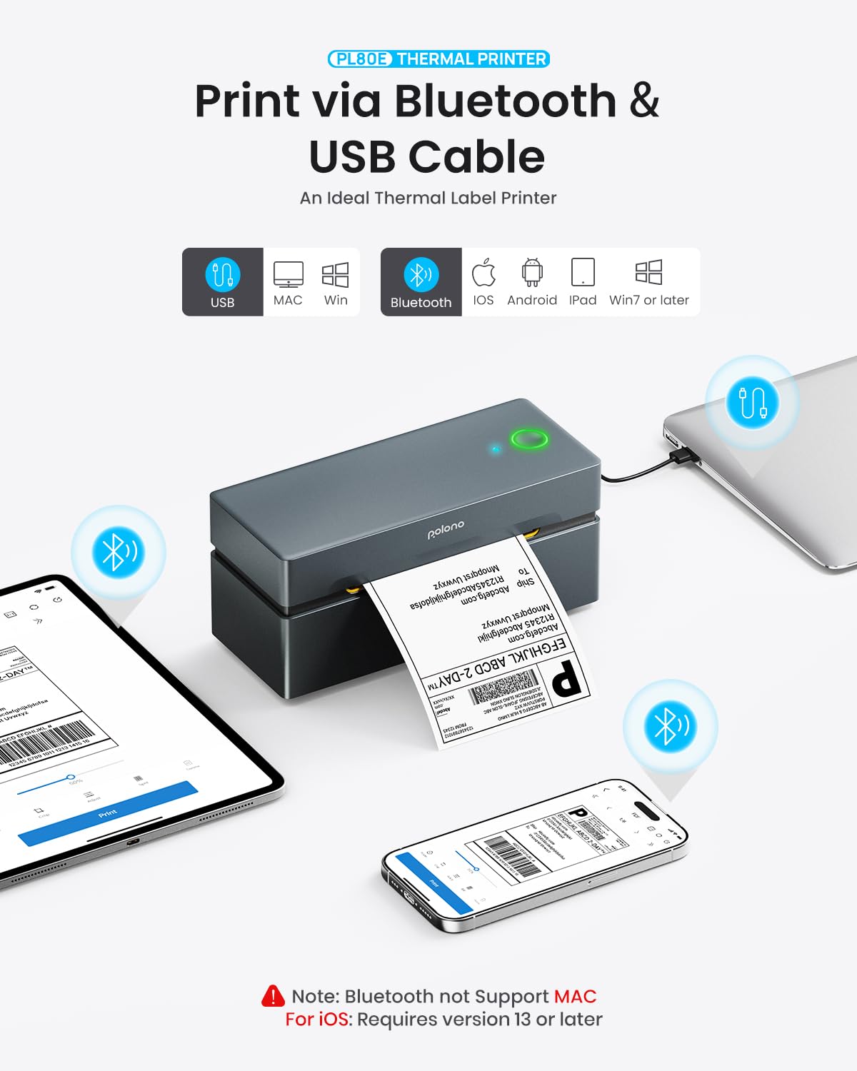 POLONO Bluetooth Thermal Shipping Label Printer, Wireless 4x6 Shipping Label Printer for Small Business, Support iOS, Android, Windows, Mac. Compatible with Amazon, Ebay, Shopify, Etsy, USPS (Grey)