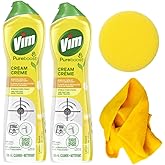 4-PACK Bundle | 2X Vim Cream Lemon Scent 500 mL, Comes With a Microfibre Cloth and Scrubbing Sponge, All Purpose Cleaning Bun