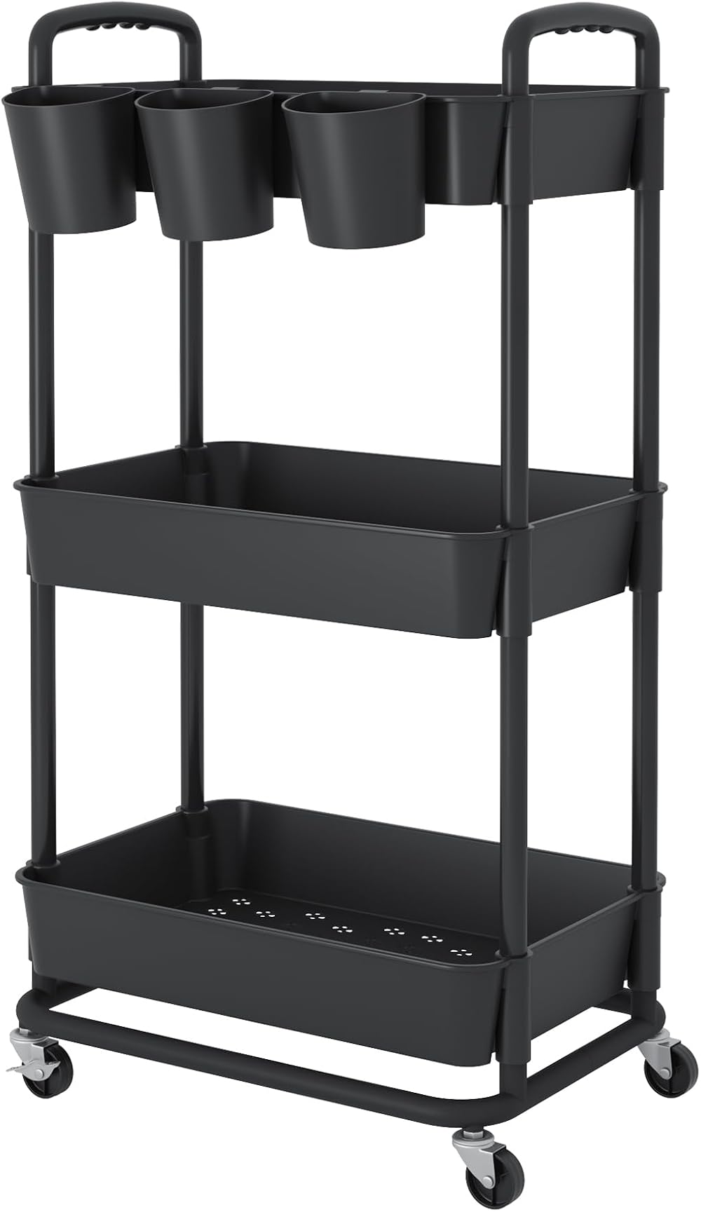 JIUYOTREE 3-Tier Plastic Rolling Storage Cart with Lockable Wheels Black