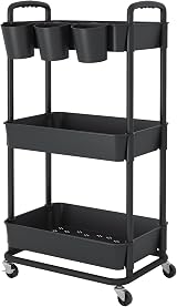 JIUYOTREE 3-Tier Plastic Rolling Storage Cart with Lockable Wheels Black