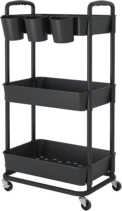 JIUYOTREE 3-Tier Plastic Rolling Storage Cart with Lockable Wheels Black