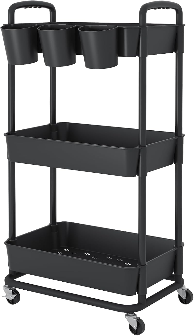 JIUYOTREE 3-Tier Plastic Rolling Storage Cart with Lockable Wheels Black