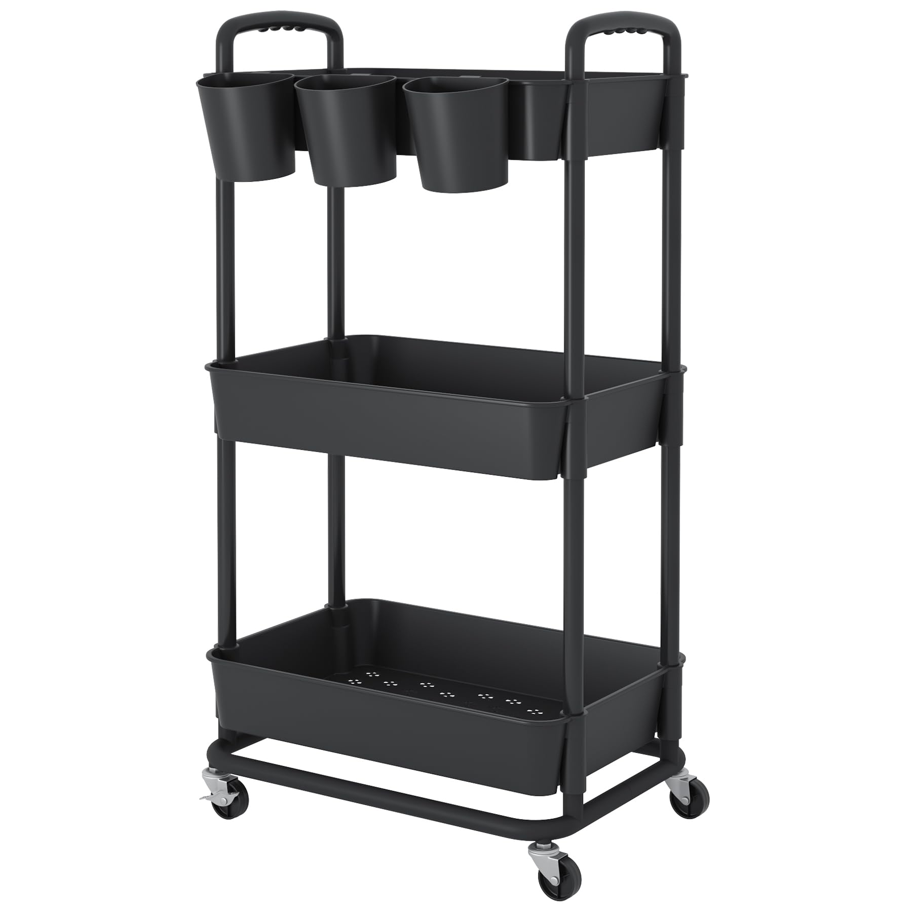 Photo 1 of JIUYOTREE 3-Tier Plastic Rolling Storage Cart Utility Cart with Extra Hanging Cups Handles Lockable Wheels for Living Room Bathroom Kitchen Office Black