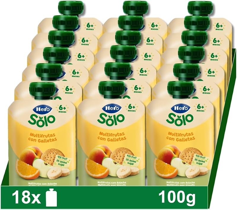 Hero Solo Bolsitas Multifrutas con Galletas Bebé Desde 6 Meses, 18 x 100 g