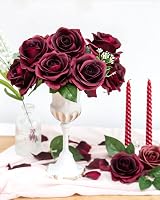 DuHouse 10Pcs Artificial Roses Burgundy Long Stem Silk Flower Set view 3