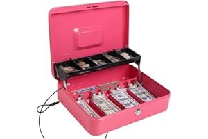 Parrency Cash Box with Key Lock，Lock Box Safe Storage Security Locker with Security Cable,Durable Metal Cash Box with Money Tray，Pink
