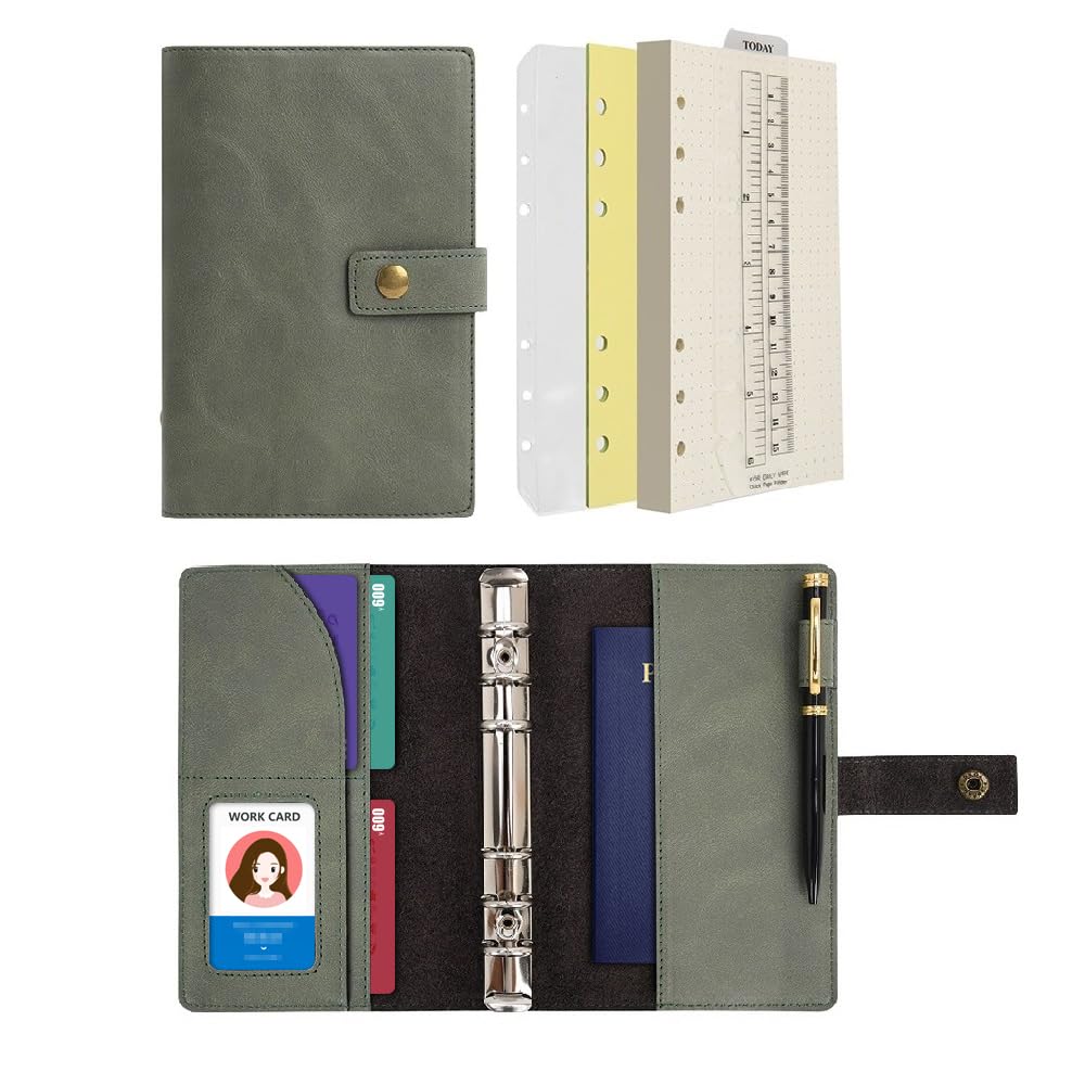 WONDERPOOL Leather Diary Refillable Notebook Spiral Journal Binder Portfolio - Dot Grid Paper & Inner Pockets for Travel Work and Personal Organizer (Green, A6)