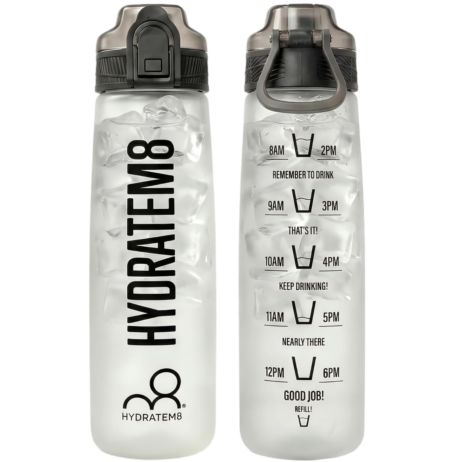 HYDRATEM8 - Active Motivational Sports Water Bottle with Time Markings, BPA Free, Drinks Bottle, 900ml - Frosted