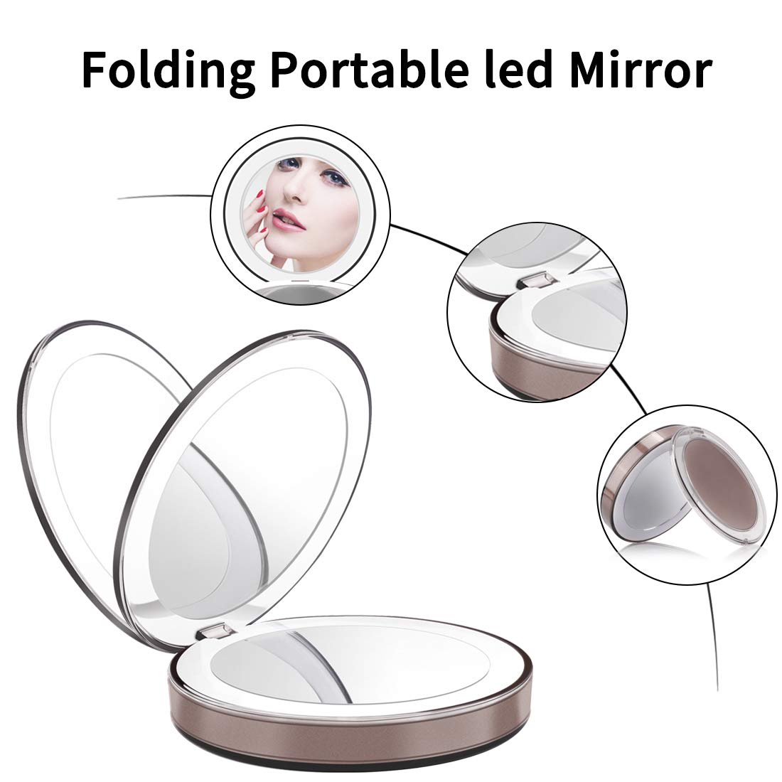 Compact Mirror, 1X/3X LED Lighted Travel Folding Makeup Mirror - The Most Natural Magnifying Mirror with USB Charging for Beauty, Cosmetic and Travel