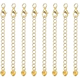 MAYJOYDIY 12Pcs Real 18k Gold Plated Necklace Extenders Chain 2.8inch Gold Plated Extender Chains with Lobster Clasp Heart Charm Removable Brass Chain Extender for Necklace Bracelet Jewelry Making