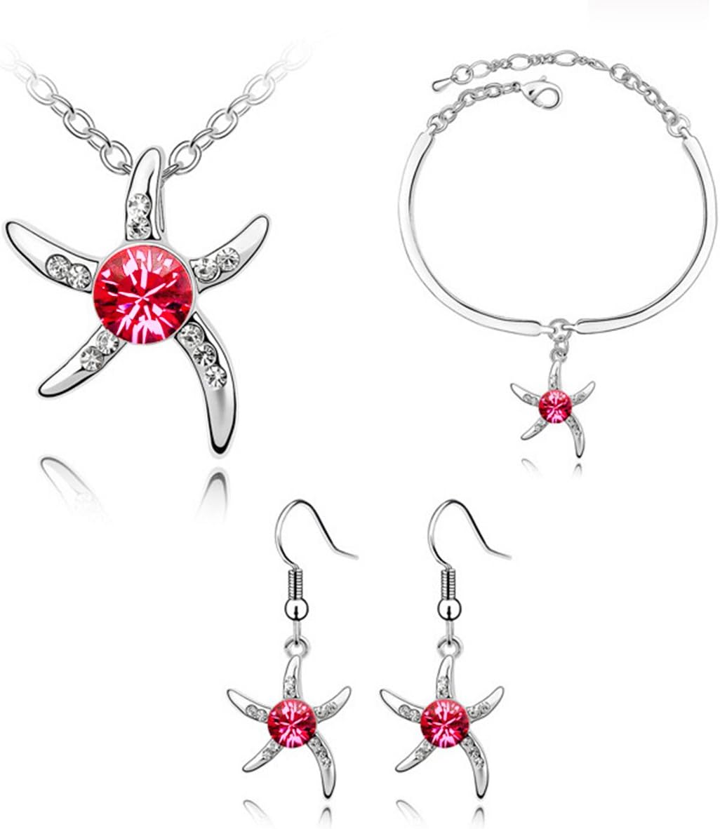 Finov Crystal Starfish Pendant Necklace Bracelet Earrings 3-in-1 Jewelry Set