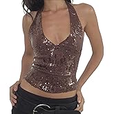 Franhais Womens Y2k Sequin Halter Top Sleeveless Deep V Neck Crop Top Sexy Backless Slim Glitter Vest Party Sparkly Tank Top