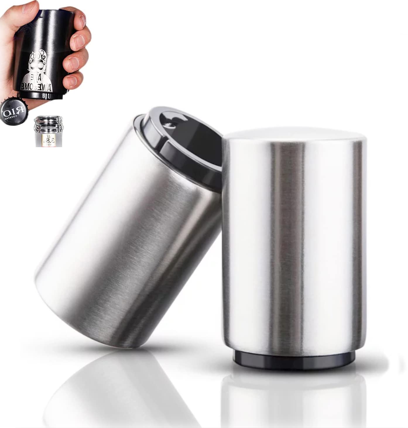 YUDANSI Beer Bottle Openers 2 Pack, Beer Push Corkscrew Gift for Men Women, Magnetic Automatic Stainless Steel Push Opener for Beer Bottle, Beer Soda Cap Remover ​Beer Accessories, Magnet Beer Opener