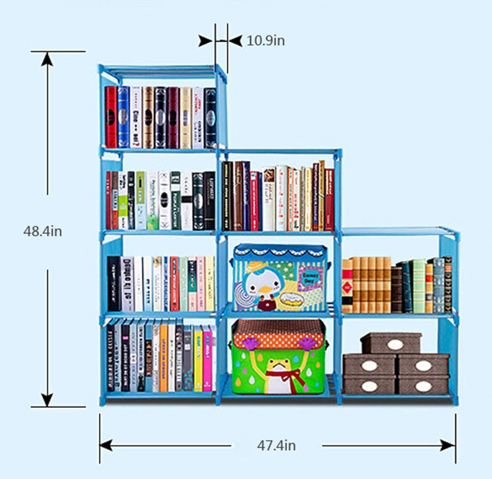 Meflying 4 Tier Bookcase Adjustable Bookshelf with 9-Cube Bookcase Storage DIY Cabinet Waterproof Non-Woven For Home Furniture Kids Study(US STOCK) (Blue)