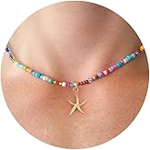 VRIUA Colorful Beaded Necklaces for Women – Summer Beach Boho Starfish, Conch, Shell, Pearl, Palm tree Pendant Necklace Jewelry