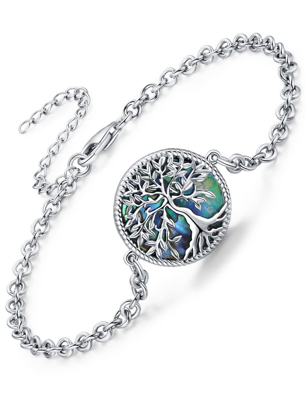 Tree of Life Bracelet for Women, 925 Sterling Silver Adjustable Chain Bracelet, Family Tree Bracelet Jewellery Gift for Mother Girls Sister Friends (B-Abalone Shell)