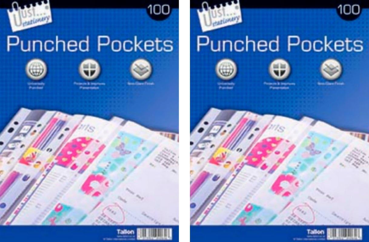 2 PACKs OF 100 A4 NON GLARE CLEAR PUNCHED POCKETS DOCUMENT PLASTIC WALLETS - 4064