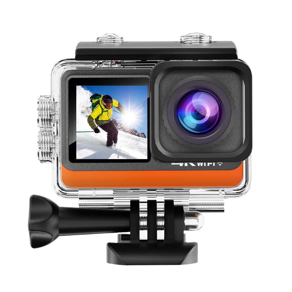 Andoer Action Camera Sports Camera 4K Ultra HD 24MP Waterproof Anti-shaking with 2.0in Touch Control Screen Dual Screen 170°Wide Angle Support Live Streaming with UV Filter Waterproof Case Adapters
