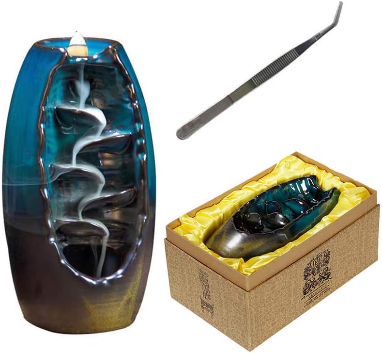 Dinghao Waterfall Backflow Incense Burner, Handmade Ceramic Censer Smoke Backflow Incense Holder for Home Decor + 1 Tweezers & 10 Cone Incenses Free (Blue)